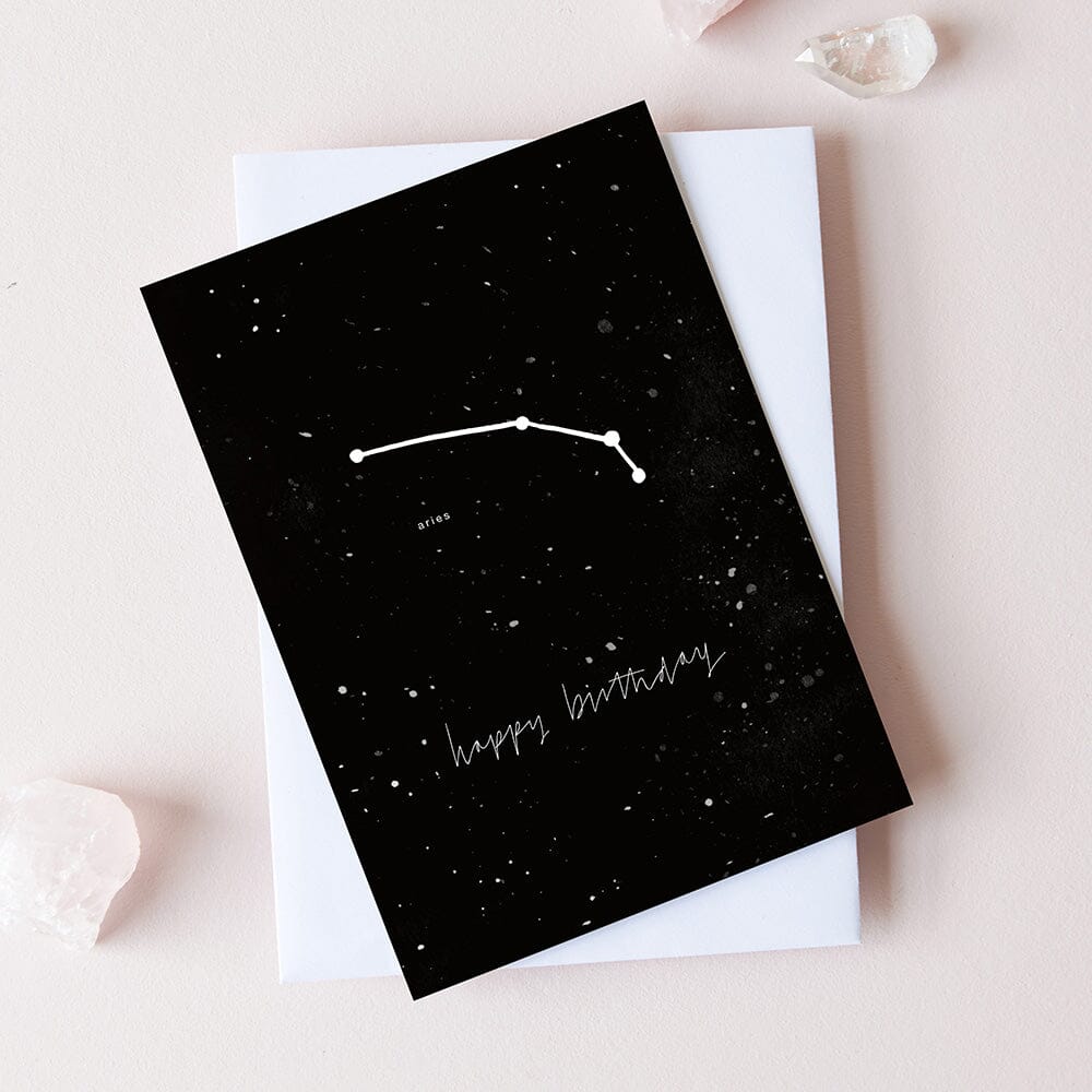 Monochrome birthday card featuring the Aries constellation, perfect for astrology enthusiasts.