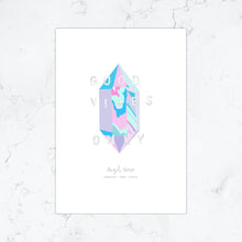 Risograph-printed A3 poster with positive message and pastel crystal design