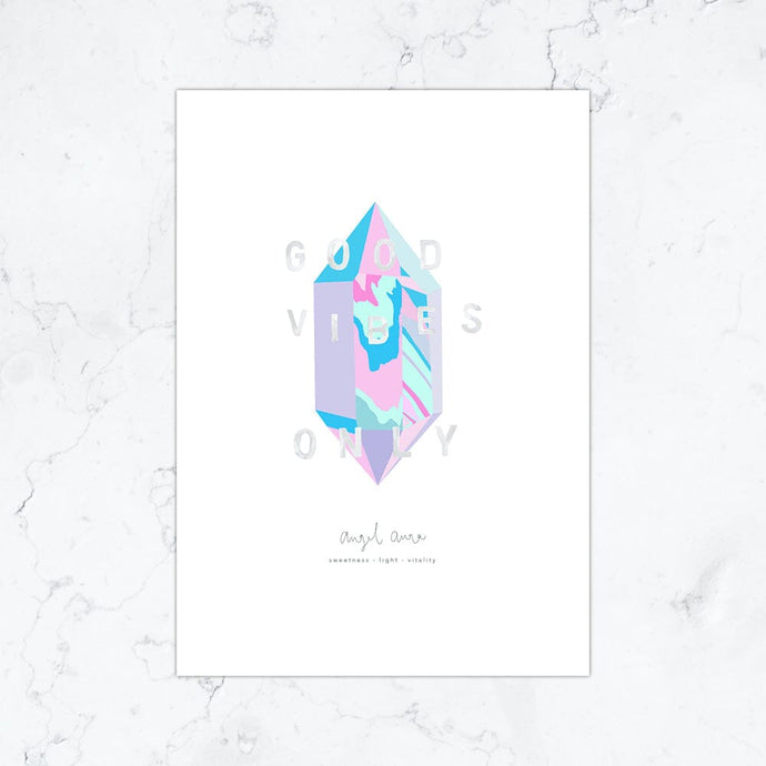 Risograph-printed A3 poster with positive message and pastel crystal design