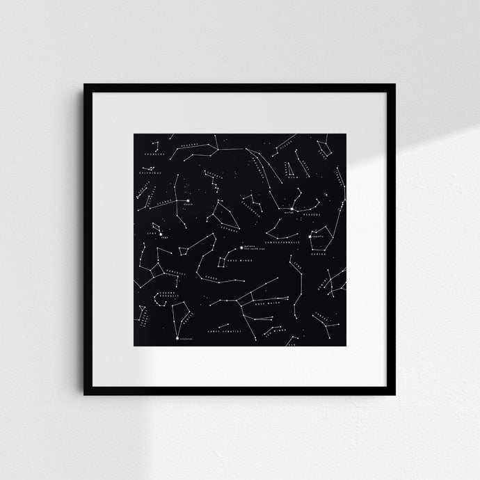 Northern Hemisphere constellation print featuring Ursa Major, Orion's Belt, and Cassiopeia on a black background